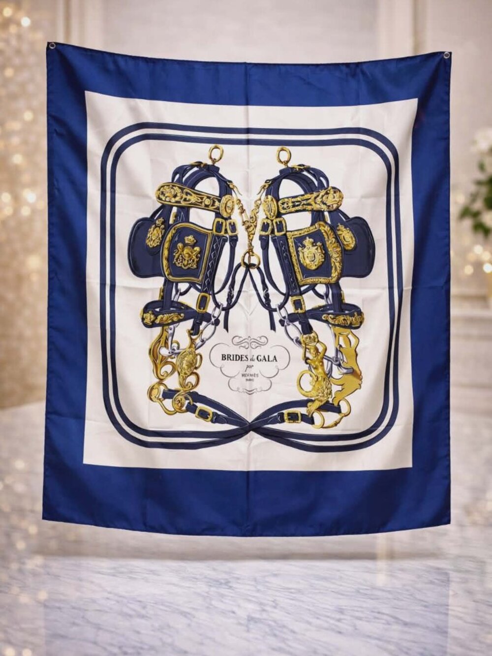 Authentic Hermès Brides de Gala Silk Scarf Blue Gold Equestrian Print Square 90
